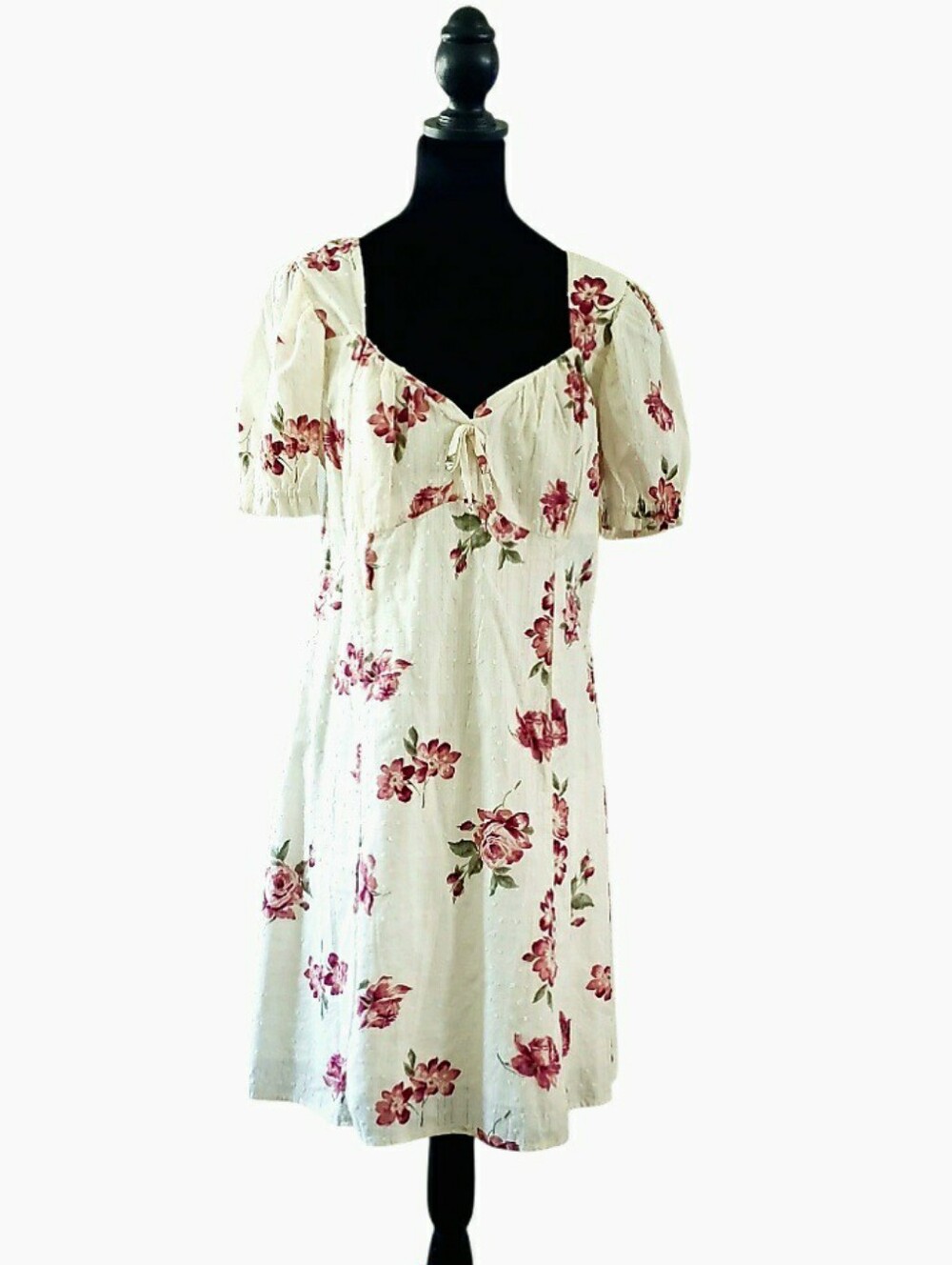 Cream Midi Dress with Pink Floral Print and Puff Sleeves - Picture 2 of 7